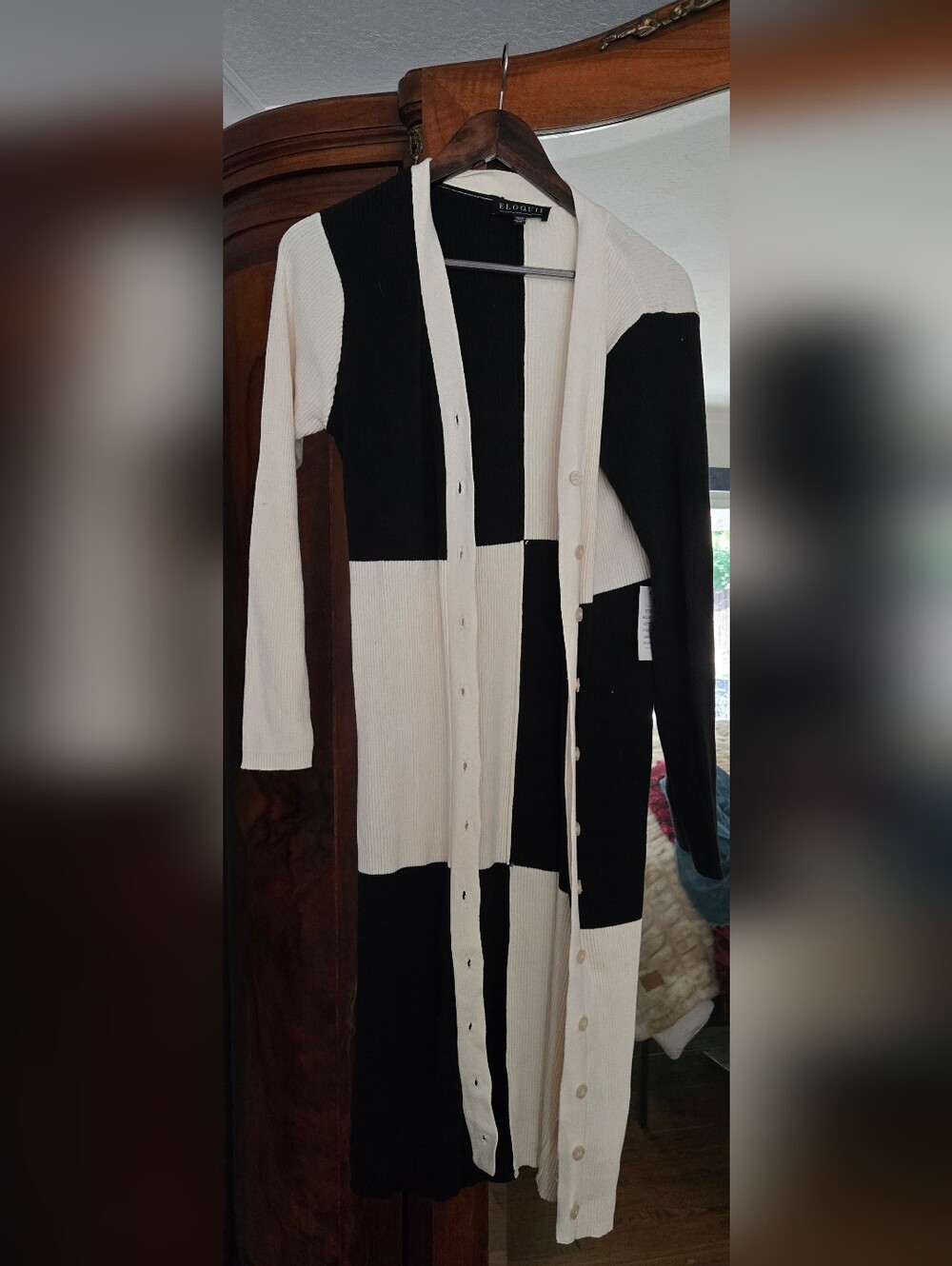 Eloquii Black and Cream Blocked Long Button Cardigan